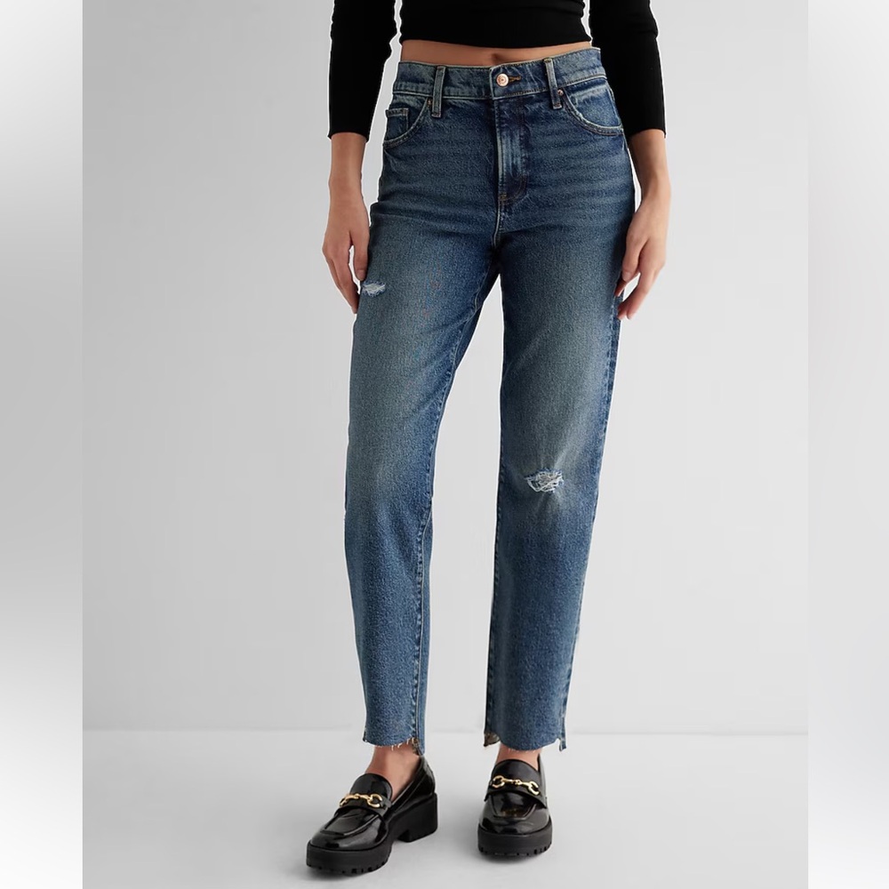 High Waisted Medium Wash Ripped Raw Hem Straight Ankle Jeans express new